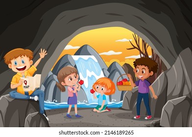 Escena en cuevas con niños explorando la ilustración de caricaturas