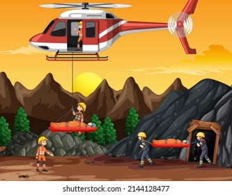 Cave scene with firerman rescue in cartoon style illustration