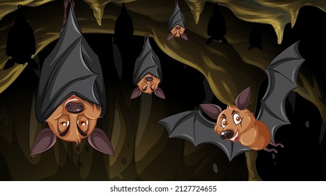 Cave scene with group of bats in cartoon style illustration