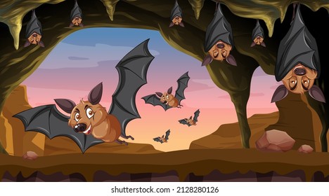 Cave scene with group of bats in cartoon style illustration