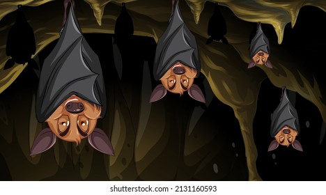 Cave scene with group of bats in cartoon style illustration