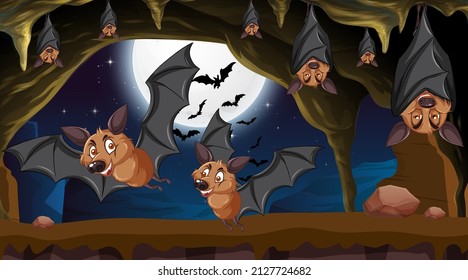 Cave scene with many bats in cartoon style illustration
