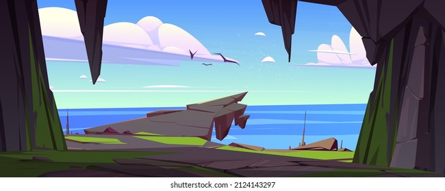 Cave seaview landscape, hole in mountain with rock cliff, ocean and gulls flying in blue sky. Cartoon tranquil nature background with hidden cavern and sea, summer travel landmark, Vector illustration