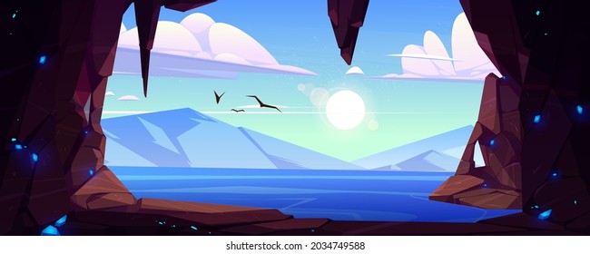 Cave seaview landscape, hole in rock with ocean, mountains and gulls flying in blue sky. Grotto, hidden underground cavern, beautiful summer nature, sea hollow background, Cartoon vector illustration