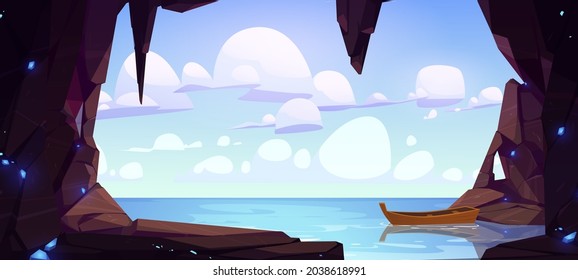 Cave seaview landscape with lonely wood boat float on water surface. Hole in rock with ocean, mountains and clouds in blue clear sky, hidden underground cavern with sparks, Cartoon vector illustration