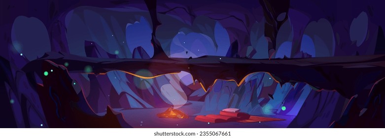 Cave shelter with fire and mat vector game background. Underground mine cavern drawing with bridge and campfire. Prehistory mysterious inner mountain interior location design. Scary fantasy landscape