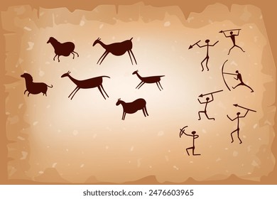 Cave silhouettes of early humans, accompanied by horses, deer, and bulls, captured in the style of ancient rock paintings. Prehistoric drawing on walls, ancient symbols in vector illustration