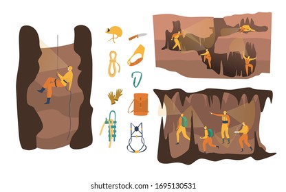 Cave speleology vector illustration. Cartoon flat active speleologist character in adventure, group people climbing, spelunker abseiling with clip equipment. Exploring cave set isolated on white