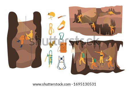 Cave speleology vector illustration. Cartoon flat active speleologist character in adventure, group people climbing, spelunker abseiling with clip equipment. Exploring cave set isolated on white