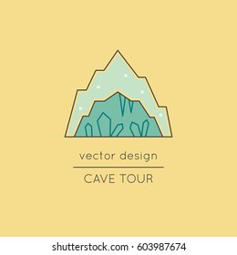 Cave with stalagmites and stalactites, vector thin line icon. Isolated symbol. Logo template, element for travel agency products, tour brochure, excursion banner. Simple mono linear modern design.