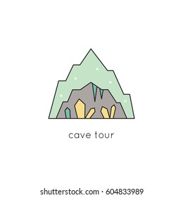 Cave with stalagmites and stalactites, vector thin line icon. Isolated symbol. Logo template, element for travel agency products, tour brochure, excursion banner. Simple mono linear modern design.