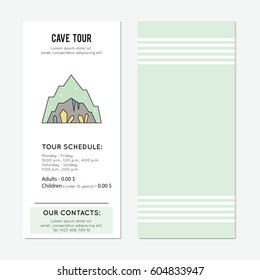 Cave with stalagmites and stalactites, vector vertical banner template. The tour announcement. For travel agency products, tour brochure, excursion banner. Simple mono linear modern design.