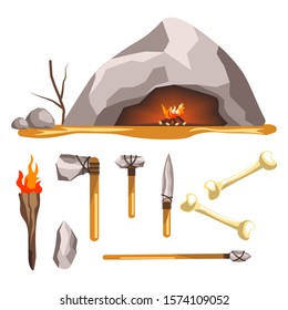 Herramienta de edad de cueva y piedra, íconos aislados, historia y vectores de arma primitiva. Antorcha y hacha, martillo y cuchillo, lanza y huesos, artículos de caza. Civilizaciones prehistóricas, equipos tribales, dispositivos de artesanía