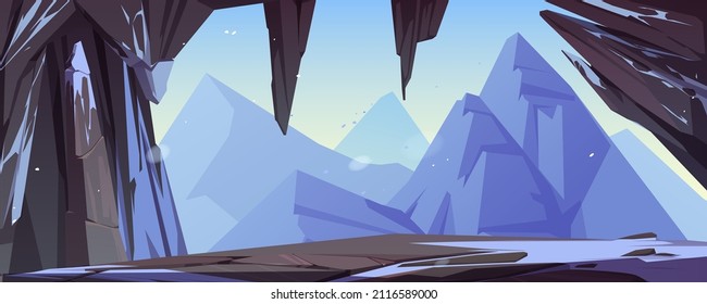 Cave or stone arch with view mountains. Vector cartoon illustration of winter landscape of rocks, ledge with snow, cavern entrance, high cliffs and ice peaks