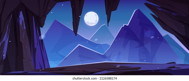 Cave or stone arch with view mountains at night. Vector cartoon illustration of winter landscape of rocks, ledge with snow, cavern entrance, high cliffs, peaks and full moon in sky