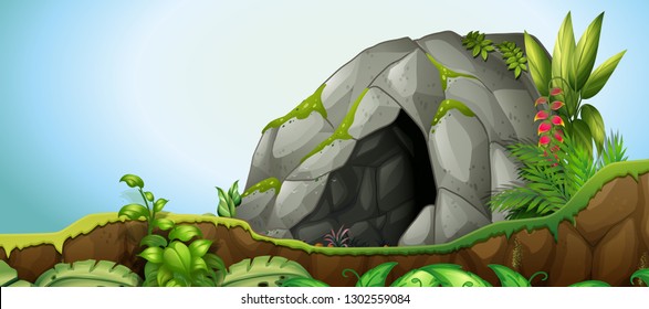 A cave stone in nature background illustration