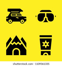 cave, sun cream, googles and car vector icon set. Sample icons set for web and graphic design