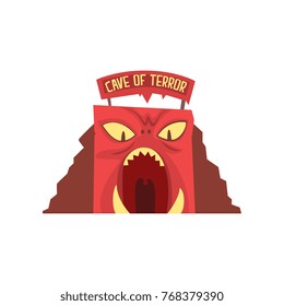 Cave of terror in form of red monster's face with large teeth. Amusement park, carnival. Entertainment industry. Cartoon flat vector design