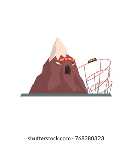 Cave of terror with tunnel for tram. Extreme attraction. Mountain with evil face. Amusement park. Funfair or carnival. Flat vector design element for poster or flyer