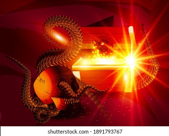 Cave with treasure, chest of gold coins, golden tentacles. Vector cartoon illustration of treasury in rock mine with wooden chest full of riches and skull.  2D games, web projects, magazines, books 