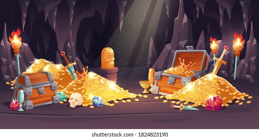 Cave with treasure, pile of gold coins, jewelry and gem. Vector cartoon illustration of treasury in rock mine with wooden chest full of riches, swords, torch and skull
