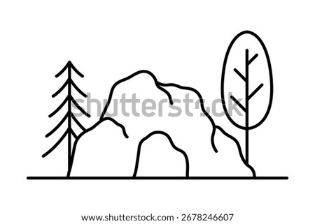 Cave and trees. Black outline linear silhouette. Editable strokes. Front view. Vector simple flat graphic illustration. Isolated object on white background. Isolate.