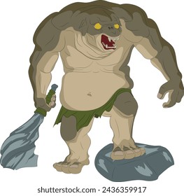 Cave troll with stone thick stick. Vector illustration of cave troll holding huge club carved out of stone in his right hand and placing his left foot on large cobblestone.