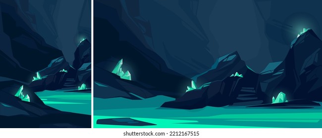 Cave with turquoise crystals. Underground location in different formats.