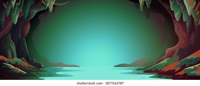 Cave - vector cartoon background. Cavern landscape with an underground river in greenish-blue colors. Vector illustration in flat cartoon style