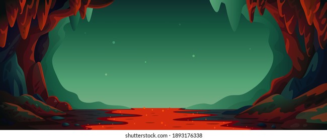 Cave - vector cartoon background. Cavern landscape with an underground lava river in greenish-blue colors. Vector illustration in flat cartoon style