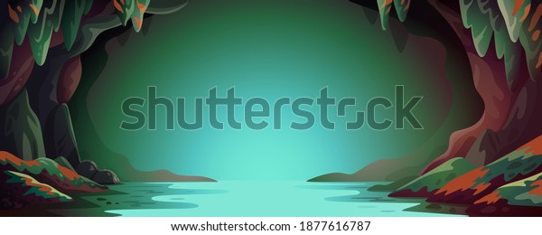 Cave - vector cartoon background. Cavern landscape with an underground river in greenish-blue colors. Vector illustration in flat cartoon style.