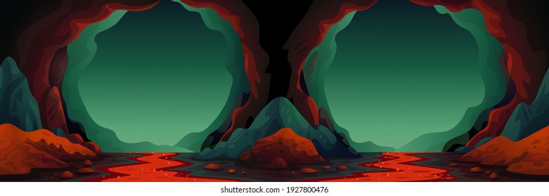 Cave - vector seamless background. Cavern landscape with an underground lava river in greenish-blue colors. Vector illustration in flat cartoon style