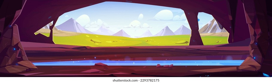 Cave view on grass field and mountains nature. Magic pond with sparkle and blue water on sunny day. Morning outdoor alps distant natural cartoon landscape scene panorama. Natural entrance to grotto