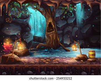 Cave with a waterfall - magic tree and barrel of gold