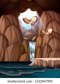 Cave with waterfalls and owls illustration