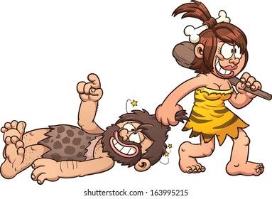 Cave woman dragging a caveman clip art. Vector cartoon illustration with simple gradients. All in a single layer.