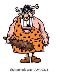Cave woman hand drawn image. Original colorful artwork, comic childish style drawing.