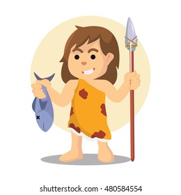 Cave Woman Holding Wood Spear And Fish