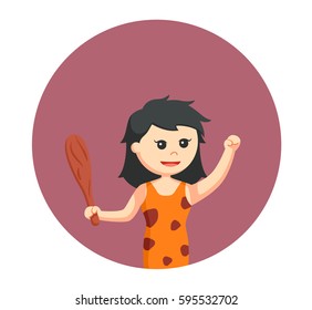cave woman with wood stick in circle background