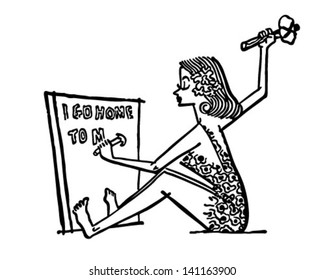 Cave Woman Writing Memo - Retro Clip Art Illustration