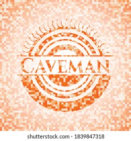 Caveman abstract emblem, orange mosaic background 