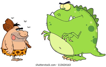 Caveman And Angry Dinosaur Cartoon Characters