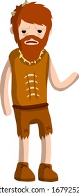 Caveman in animal skin. Man from stone age. History of mankind. Old Bearded guy hunter. Cartoon flat illustration