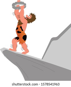 A caveman announcing and holding a wheel