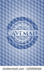 Caveman blue badge with geometric pattern.