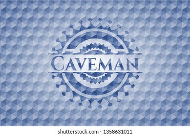 Caveman blue emblem with geometric pattern.