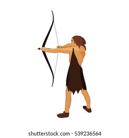 Caveman with bow and arrow icon in cartoon style isolated on white background. Stone age symbol stock vector illustration.