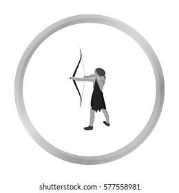 Caveman with bow and arrow icon in monochrome style isolated on white background. Stone age symbol stock vector illustration.