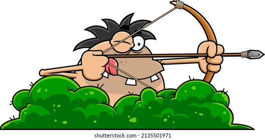 Caricatura De Caricatura De Caveman Con El Objetivo De Esconder Bow Y Flecha En Bush. Ilustración dibujada a mano vectorial aislada en fondo blanco
