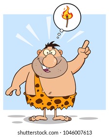 Caveman Cartoon Character With A Big Idea And Speech Bubble. Vector Illustration Isolated On White Background 